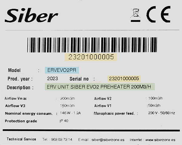 Plaquette signalétique de l'appareil de ventilation EVO